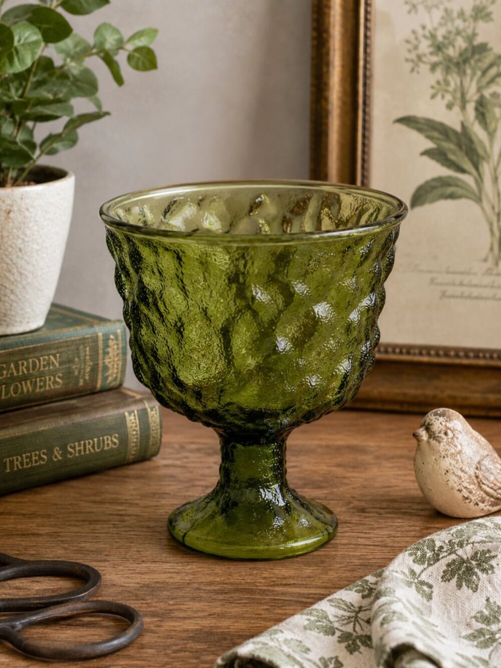 Vintage E.O. Brody Green Crinkle Glass Footed Compote Vase M3000 Ohio USA